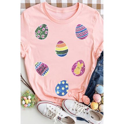 Pink Sequin Easter Eggs Graphic Crewneck T Shirt