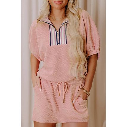 Light Pink Striped Collared Zip up Textured Skirt Set