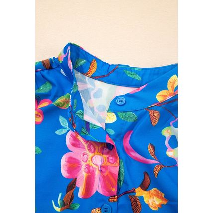 Blue Floral Short Puff Sleeve Button Up Shirt