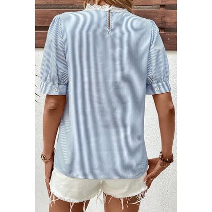 Sky Blue Stripe Floral Lace Splicing Puff Sleeve Blouse
