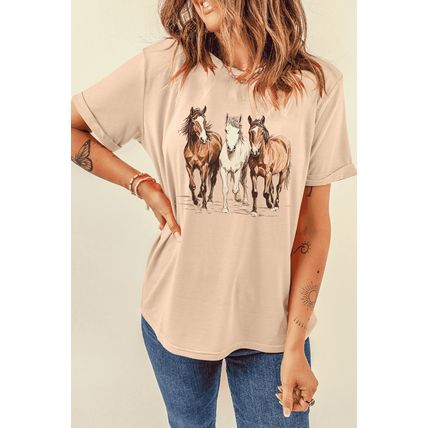 Khaki Gallant Horses Printed Casual T Shirt