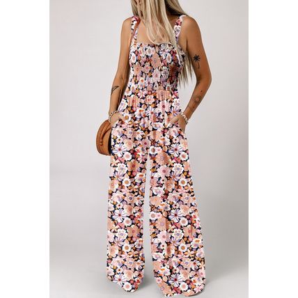 Black Floral Print Smocked High Waist Square Neck Jumpsuit