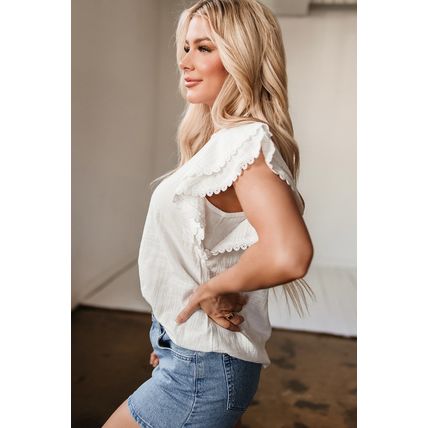 White Crinkled Layered Ruffled Flutter Sleeve Blouse