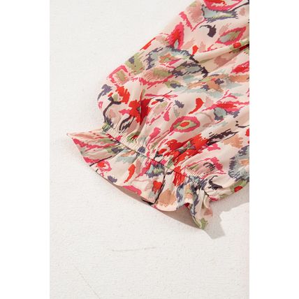 Multicolour Floral Print Frilled Neck Puff Sleeve High Waist Dress