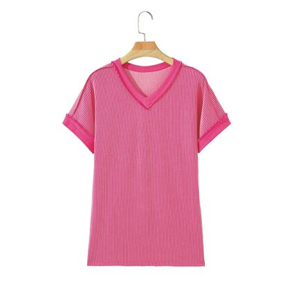 Rose Red Twisted Ribbed Knit V Neck Casual Tee