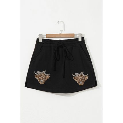 Black Sequin Heifer Patched French Terry Drawstring Skort