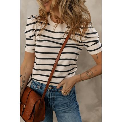 Black Stripe Ribbed Trim Round Neck Bubble Sleeve Knitted Top
