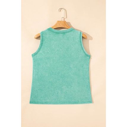 Sea Green Mineral Wash Patched Chest Pocket Casual Tank Top