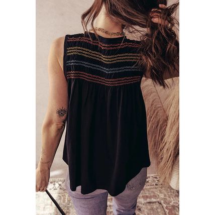 Black Colorful Shirred Yoke Notched V Neck Tank Top