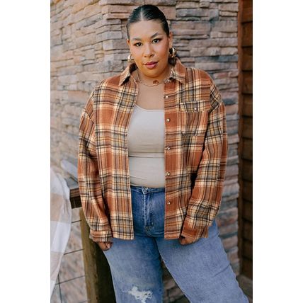 Brown Plaid Print Flap Pocket Buttoned Plus Size Shacket