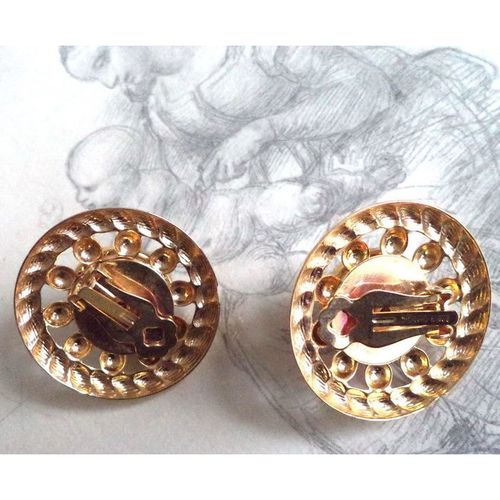 Simon Chang Gold Ruby Byzantine Revival Cabochon LARGE vintage Clip Earrings