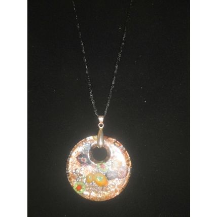 Large 49mm golden millefiori style glass pendant on 16" black 18" necklace