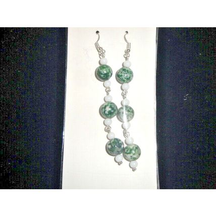 Sensational Green Tree agate & white glass long dangle earrings