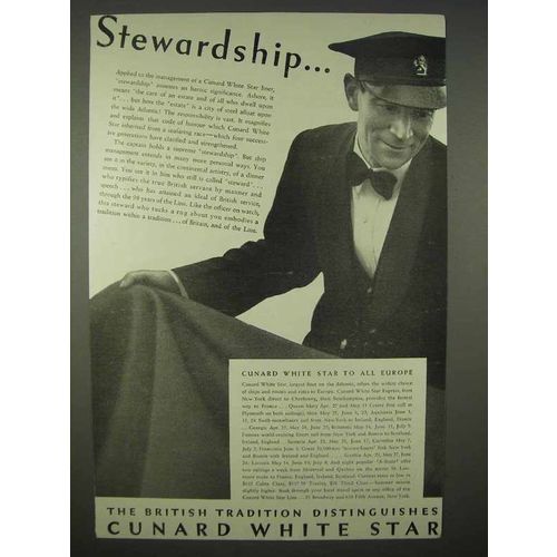 1938 Cunard White Star Line Cruise Ad - Stewardship