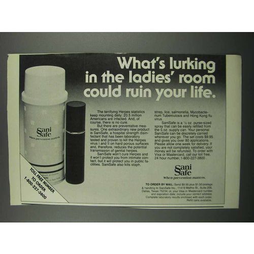 1983 SaniSafe Disinfectant Ad - Lurking in Ladies' Room