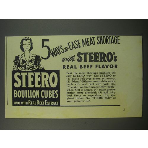 1943 Steero Bouillon cubes Ad - 5 ways to ease meat shortage with Steero's