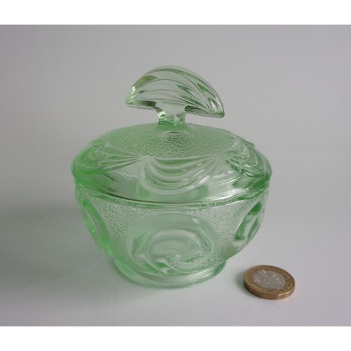 Bagley Art Deco Green Glass "Rutland" Small Trinket Bowl and Lid.