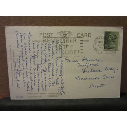 multiview, ULLSWATER.CUMBRIA used postcard by H Webster. 1973 postmark =