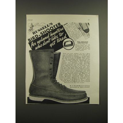 1938 Russell's Bird-Shooter Moccasin Boots Ad - for upland hunters