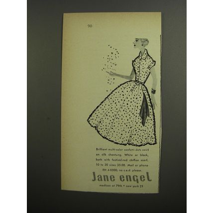 1952 Jane Engel Dress Ad - Brilliant multi-color confetti dots swirl on silk