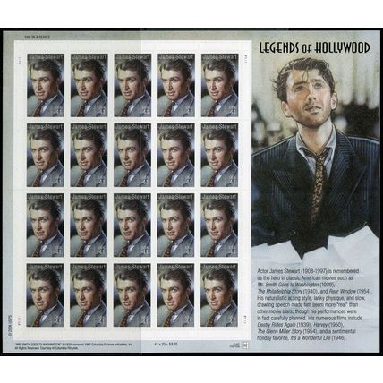 Jimmy Stewart Legends of Hollywood Sheet Of 20 Stamps 41 Cent Stamps Scott 4197