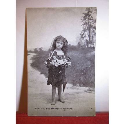 WONT YOU BUY MY PRETTY FLOWERS used antique postcard by G. D. & D. 1907 pm #