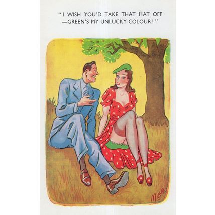 Giant Man With Fonz Haircut Chatting Up Girl In Park Comic Postcard