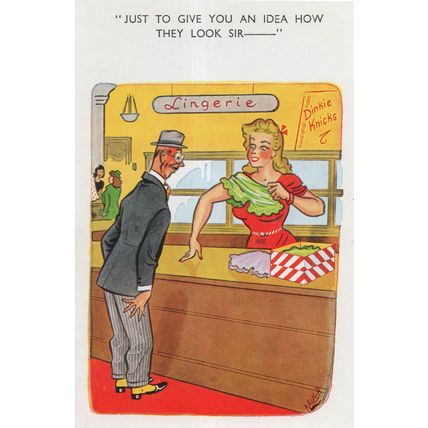 Man Buying Womans Underwear Gets Sexy Surprise From Shop Lady Comic Postcard