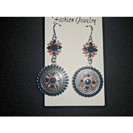 Classic round navy blue and pink dangle earrings