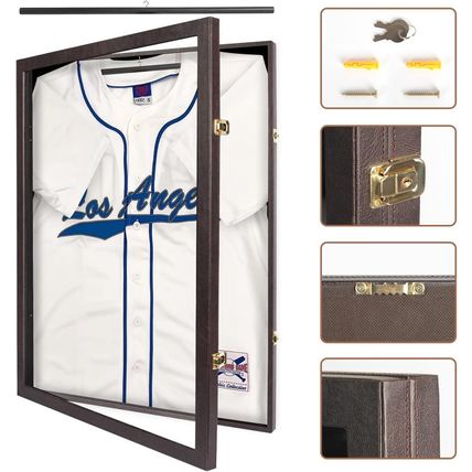 Jersey Display Frame Case Lockable, Large Sport Jersey Shadow Box with PU Covere