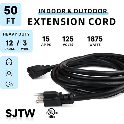 EP 50 Ft Outdoor Extension Cord - 12/3 SJTW Heavy Duty Black Extension Cable wit