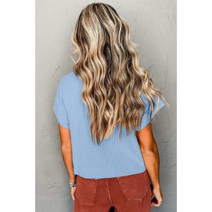 Beau Blue Patch Pocket Ribbed Knit Short Sleeve Sweater