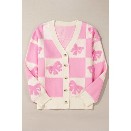 Pink Bowknot Checkered Pattern V Neck Drop Shoulder Button Up Cardigan