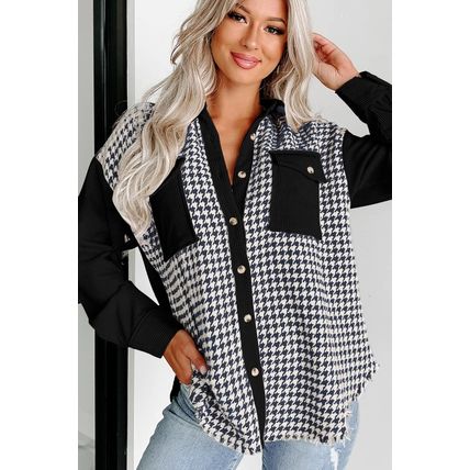 Black Houndstooth Corduroy Patchwork Flap Pocket Shacket
