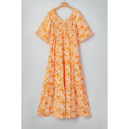 Orange Floral Print Smocked V Neck Wide Sleeve Maxi Dress