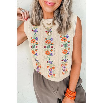 Jet Stream Embroidered Floral Cable Knit Sweater Vest