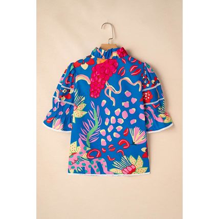 Blue Abstract Print Frilled Collar Ruffled Puff Short Sleeve Top