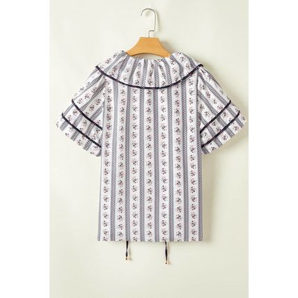 White Floral Ruffled Collar Short Puff Sleeve Printed Blouse