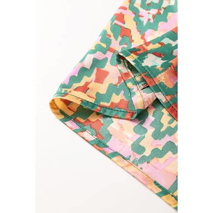 Dark Green Abstract Print Half Sleeve Button up Loose Shirt