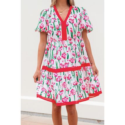 Pink Floral Print Contrast Trim V Neck Bubble Short Sleeve Babydoll Dress