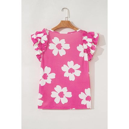 Pink Floral Textured Ruffled Short Sleeve Square Neck Blouse