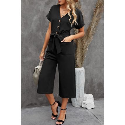 Black Dolman Button Belted V Neck Wide Leg Pocketed Jumpsuit
