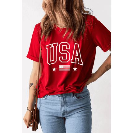 Red USA American Flag Print Crewneck T Shirt