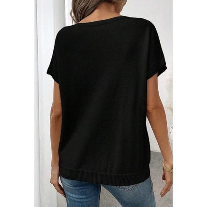 Black Bow Pattern Knit Short Sleeve Sweater