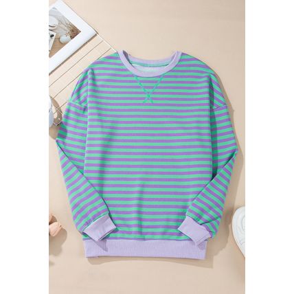 Blue Stripe Contrast Ribbed Trim Crossed Stitch Drop Shoulder Sweatshirt