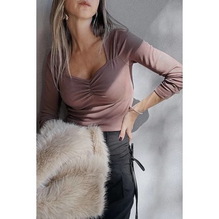 Old Rose Gathered Bust Square Neck Ribbed Fit Long Sleeve Top
