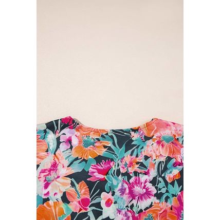 Black Floral 3/4 Flare Sleeve Tied V Neck Blouse