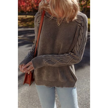 Dark Brown Contrast Cable Knit Sleeve Casual Sweater
