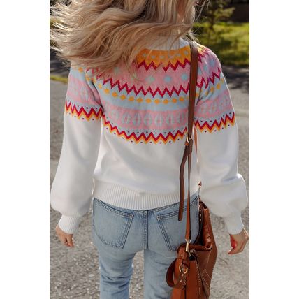 White Ethnic Geometric Colorblock Print Drop Shoulder Sweater
