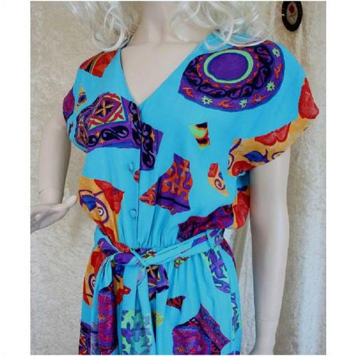 Designer Vintage 1980 Play Suit Dress Size 12 UK Womens Turquoise Purple Red